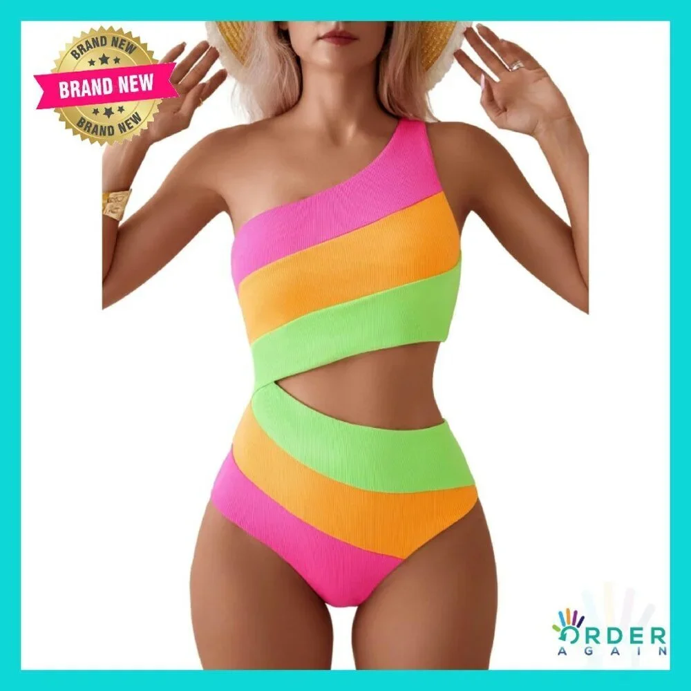 One Shoulder One Piece Swimsuit Sexy Cutout Modest Full Coverage Y2K